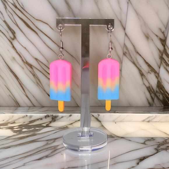New Pink Popsicle Ice Cream Barbiecore Dangle‎ Earrings Sterling Metallic - Picture 1 of 2